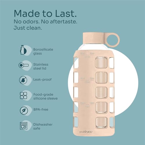 40oz / 32oz / 22oz / 12oz Borosilicate Glass Water Bottle with Time & Volume Markers, Silicone Sleeve, Stainless Steel Lid | Reusable Glass Bottle for Water & Juice (22oz Hazelnut) (Hazelnut (1 Count) / 22 Ounces)