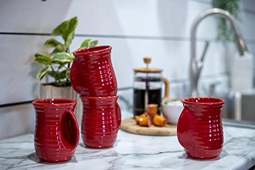 Ribbed 14 ounce Ceramic Stoneware Handwarmer Mugs Set of 4 (4 count / Red)