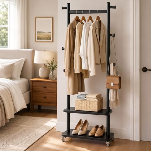Coat Rack Freestanding Solid Wood Clothes Rack with Wheels