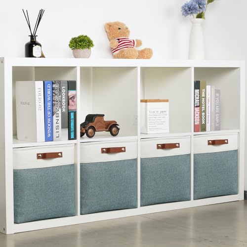 Storage Bins 4 Pack Of 13x13x13 Decorative Storage Cube Bins Suit Office (White&Dark Green / L-13"x 13"x 13")