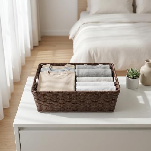 Large 2 Pack Plastic Wicker Storage Baskets (17" x 13" x 5.5" / Brown)