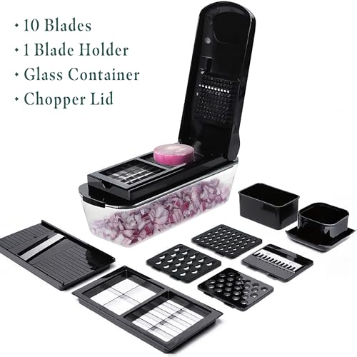 13-in-1 Vegetable Chopper Pro with Glass Container, Stainless Steel Blades, BPA-Free, Mandoline Slicer, Manual