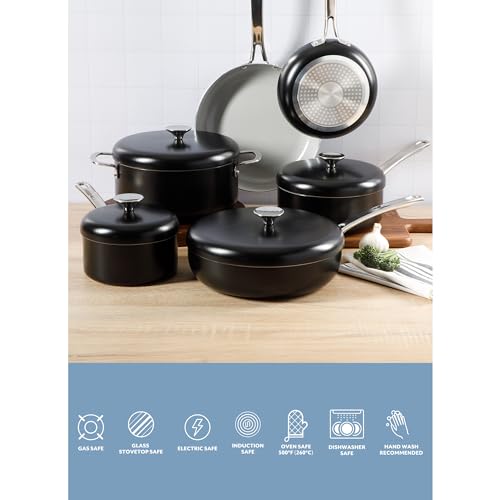 Kitchen Essentials Potluck Porch 10 Piece PFA Free Ceramic Non stick Interior Forged Aluminum Cookware Pots and Pans Set W (10-Piece Cookware Set / Black)