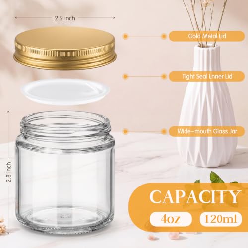 24 Pcs 4 oz Glass Jars with Gold Lid and Inner Liners (Clear,Gold / 4 oz)