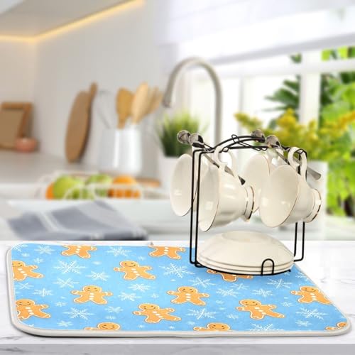 Snowflake Gingerbread Cookie Blue Dish Drying Mat for Kitchen Counter Absorbent Microfiber Drying Pad (16" x 16")