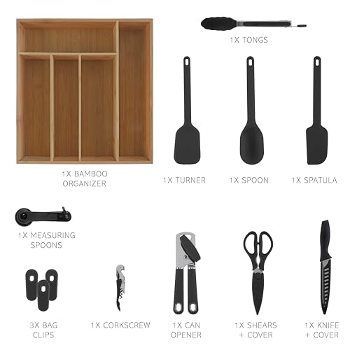 Bamboo Kitchen Utensil Set with Drawer Organizer (Black / 18 Piece Gadget Set)