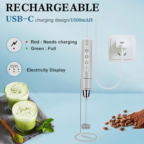 Milk Frother Wand Rechargeable Handheld Whisk Coffee 3 Speed Adjustable (Frother with stand / Silver)