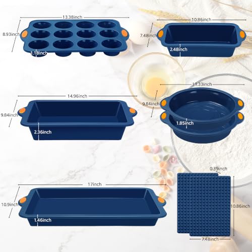 8 in 1 Silicone Baking Set (8-Piece Baking Set (6 Cake Molds, 2 Baking Mats) / Navy Blue)
