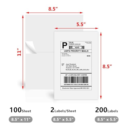 8.5" x 5.5" Half Sheet Self Adhesive Shipping Labels for Laser & Inkjet Printers (8-1/2"×5-1/2" (2-UP) / 100 Sheets)