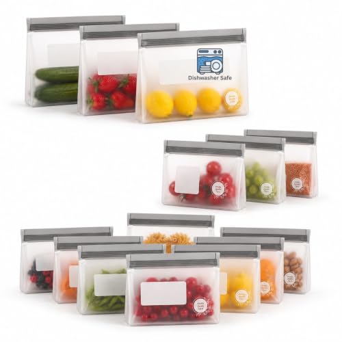 Reusable Food Storage Bags (14 Pack of 3 Large, 8 Medium, 3 Small Bags (Grey))