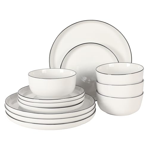 Oslo 12 Piece Porcelain Dinnerware Set (White w/ Black Rim (Oslo) / 12pc Dinnerware Set (Service for 4))