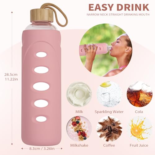 32 oz Narrow Mouth Glass Water Bottle with Windowed Silicone Sleeve (Pink)