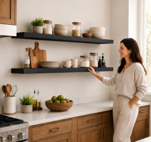 Rustic Floating Shelves 72 inch Long 8 "deep Set of 2 (Black / 72'' x 8''x 2''(set of 2）)
