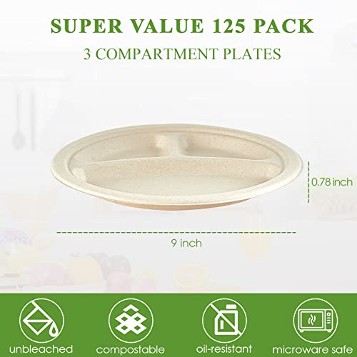 Compostable Paper Plates (3 Compartment 9 inch Nature)