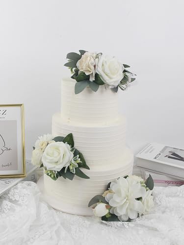 3Pcs Pre made Cake Flowers Toppers White Green Cake Decorations Wedding Cake Decorating Flowers Decor Birthday Baptism Party Cake Topper (3 Count)
