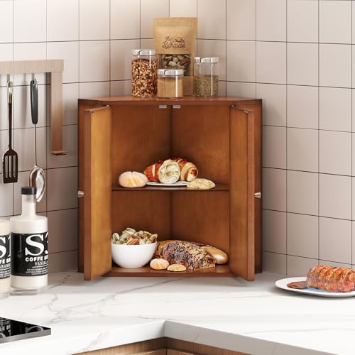 Corner Bread Box for Kitchen Counter Double Layer Bamboo Bread Storage Container Large Capacity Bread Storage Bin Farmhouse Breadbox Organizer (Antique Brown)