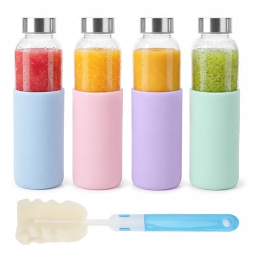 18 oz Glass Water Bottles with Lids and Silicone Sleeve 4 Pack (silicone sleeve-4pack / 18 Ounces)