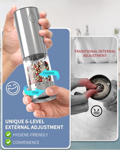 Electric Salt and Pepper Grinder Set Rechargeable Stainless Steel Salt and Pepper Shakers with LED Light and Storage Base (Silver)