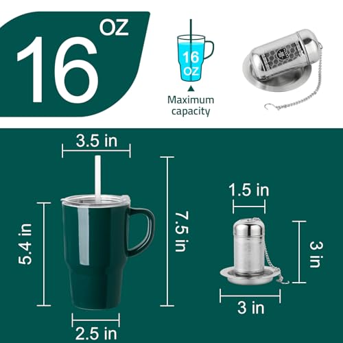 Sweejar Ceramic Tea Cup with Lid (Jade / Travel Cup(16 Fl Oz))