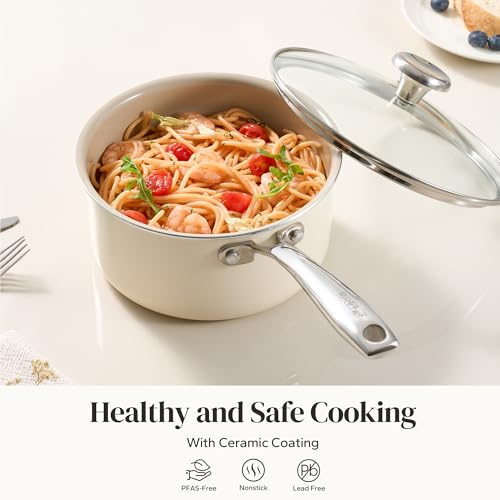 Nonstick Ceramic Sauce Pan With Lid (Beige / 3.5 Quarts)
