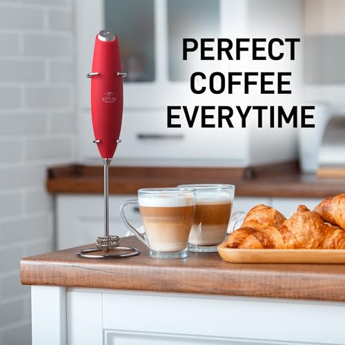 Powerful Milk Frother Wand With Duracell Batteries (Scarlet Red / Double Whisk + Batteries)