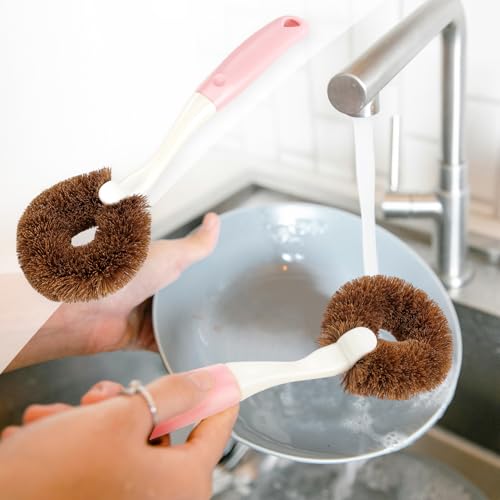 2 Pack Kitchen Scrub Brushes for Cleaning Dish Brush with Handle for Pans (Coconut Fiber)