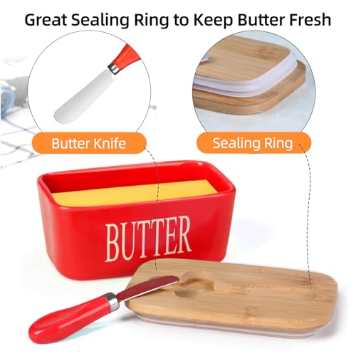 Ceramic Butter Dish with Bamboo Lid and Stainless Steel Knife Spreader (Red)