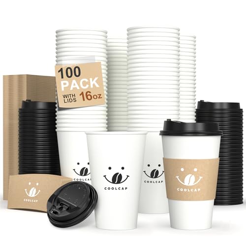 Coffee Cups with Lids and Sleeves (White-100packs / 16 oz)