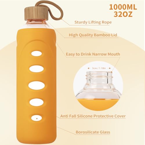 32 oz Narrow Mouth Glass Water Bottle with Windowed Silicone Sleeve (Orange)