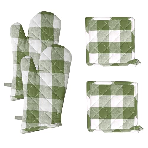 Buffalo Plaid Check Oven Mitts and Pot Holders Set of 4 (Buffalo, Mint Green)