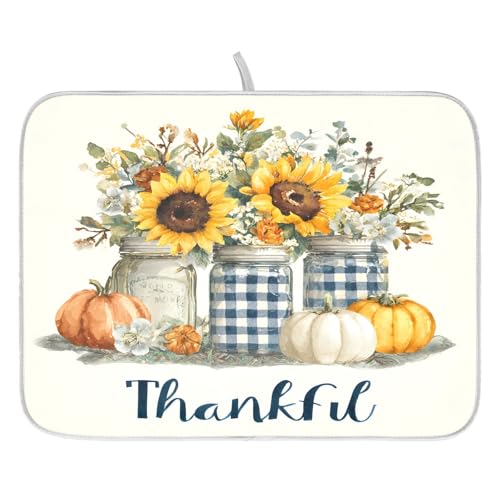Autumn Pumpkin and Sunflower Floral Vase Dish Drying Mat for Kitchen Counter Absorbent Microfiber Large Drying Pad Dish Mats for Kitchen Countertops 18 x 24 Inch (24" x 18")