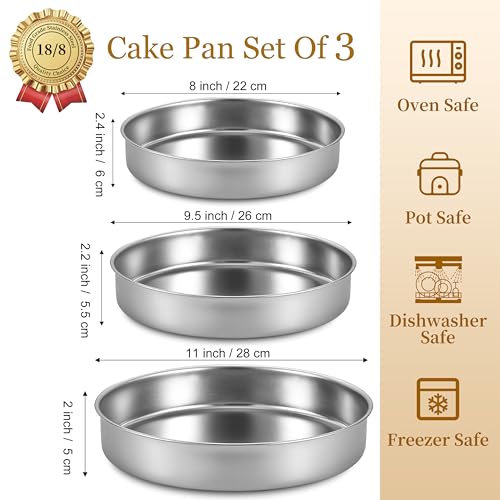 8-9.5-11 Inch Round Cake Pan Set, Stainless Steel Textured Bottom (3 Count)