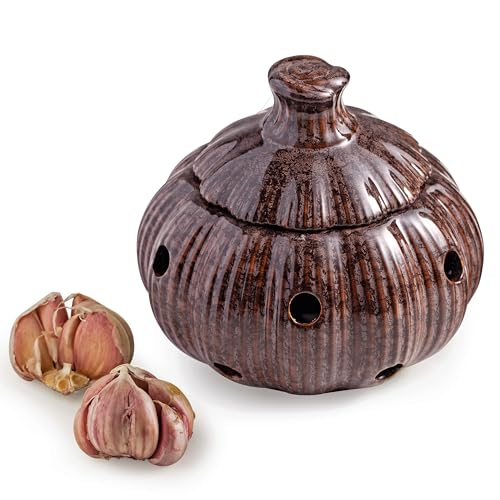 Ceramic Garlic Keeper Jar and Lid (Brown)