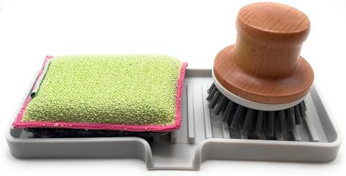 Silicone Soap Dish Tray and Sponge Holder with Drain Chute (Light Grey / (MD) 9"x3.5")