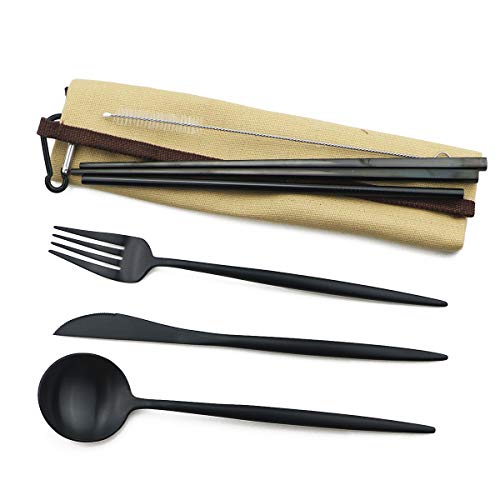 Reusable Travel Utensils (Khaki Pouch / Black)