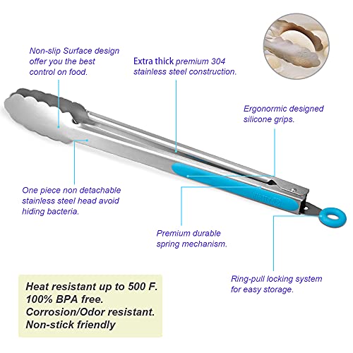 304 Stainless Steel Kitchen Cooking Tongs (12" & 14" / Blue)