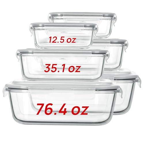 2.26L 76oz Extra Large Glass Food Storage Containers with Lids (Mixed of 6pack)