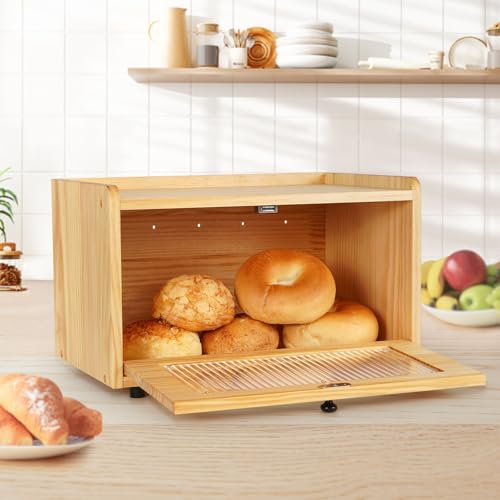 Bread Box for Kitchen Countertop Storage Wooden Breadbox Holder Container Morden Rustic Fresh Bread Keeper Farmhouse Stackable Organizer Bin for Homemade Food Shelf Acrylic Window