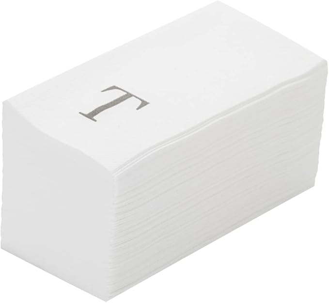 Luxenap 15.8 X 7.9 Inch Linen-Feel Guest Towels, 50 Lettered Hand Towels - Silver Letter 'T', Sans Serif Font, White Paper Dinner Napkins, airlaid, For Restrooms And Tables - Restaurantware