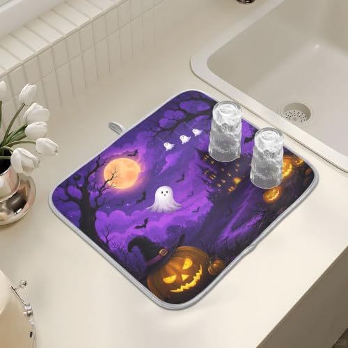 Halloween Scary Night Pumpkin Lanterns Purple Castle Dish Drying Mat for Kitchen Counter Absorbent Microfiber Small Drying Pad Dish mats for Kitchen Countertops 16 x 18 Inch (Halloween Scary Night / 18" x 16")