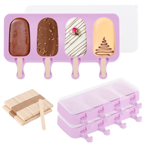 3 Set Violet Popsicles Molds with Lids and 100 Pcs Wooden Popsicles Sticks (Violet / Standard Size)