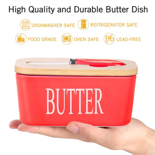 Ceramic Butter Dish with Bamboo Lid and Stainless Steel Knife Spreader (Red)