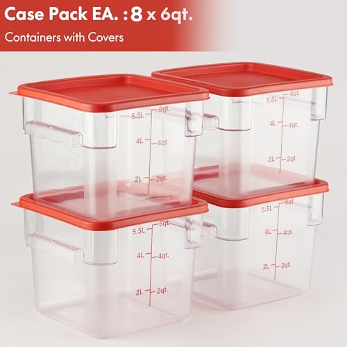 8 Pack 6 Qt NSF Clear Polycarbonate Food Storage Containers with Red Lids (6.0 Qt 8-Pack(Red Lids))