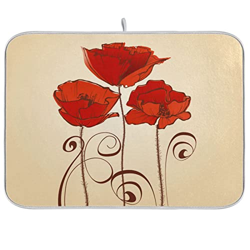 Super Absorbent Dish Drying Mat (Red Poppy Flowers Retro / 16" x 18")