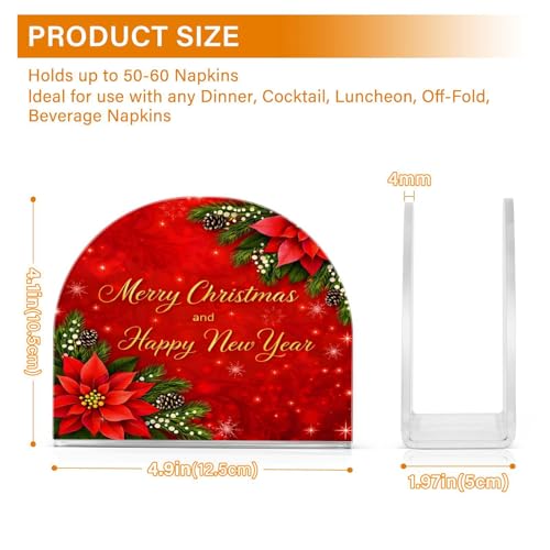 Christmas Fir Red Poinsettia Flowers Napkin Holder for Table Paper Napkins Holder Acrylic Tissue Dispenser Kitchen Dining Room Bathroom Party Car Decor (NH019 / 4.1x4.9x1.97in)
