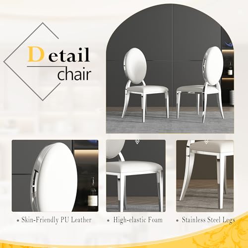 7 Piece Luxury Dining Room Set (Silver White + White / Dining Table + 6 Rund Chairs)