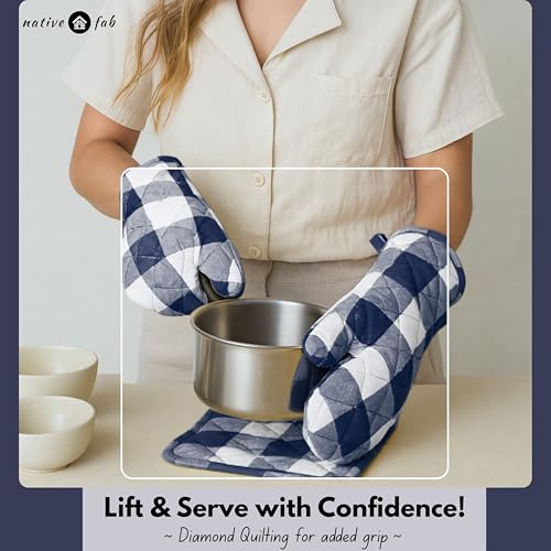 Buffalo Plaid Check Oven Mitts and Pot Holders Set of 4 (Buffalo, Navy Blue)