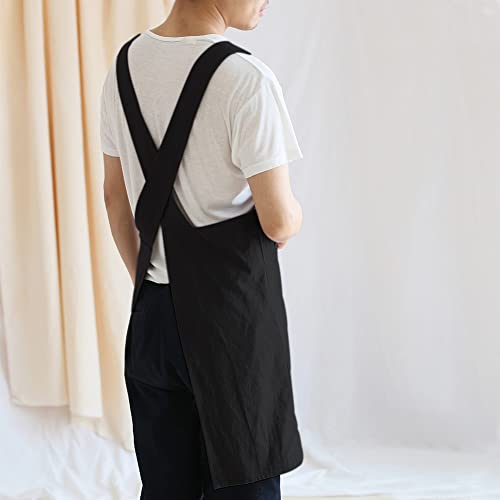 Japanese Linen Cross Back Kitchen Cooking Aprons for Men with Pockets for Baking Painting Gardening Cleaning Black