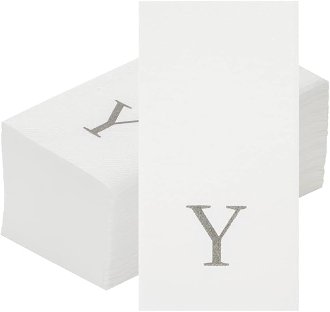 Luxenap 15.8 X 7.9 Inch Linen-Feel Guest Towels, 50 Lettered Hand Towels - Silver Letter 'Y', Sans Serif Font, White Paper Dinner Napkins, airlaid, For Restrooms And Tables - Restaurantware