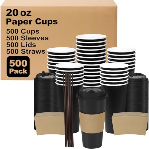 20 oz 500 Pack Coffee Cups with Lids and Sleeves (Black-500packs / 20 oz)